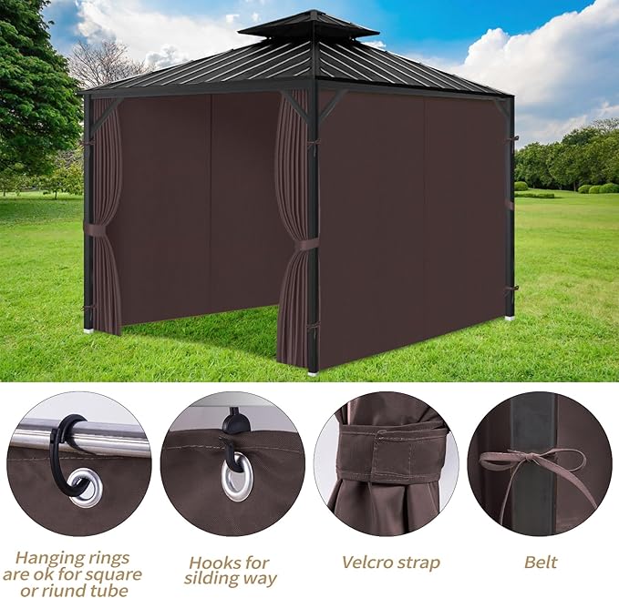 Gazebo Privacy Curtains 10' x 12' with Zipper 4-Panels Side Wall Universal Replacement for Patio, Outdoor Canopy, Garden and Backyard Coffee Brown(Curtain Only)