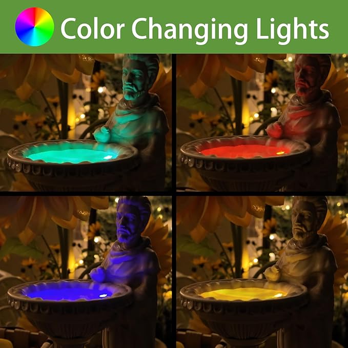 Sheaifun St Francis Garden Statue Outdoor Solar Garden Decor Resin 10.5 Inch Tall Colorful Lights St Francis Statue with Bird Bath Feeder for Yard Patio Lawn Decoration Religious Gardening Gifts
