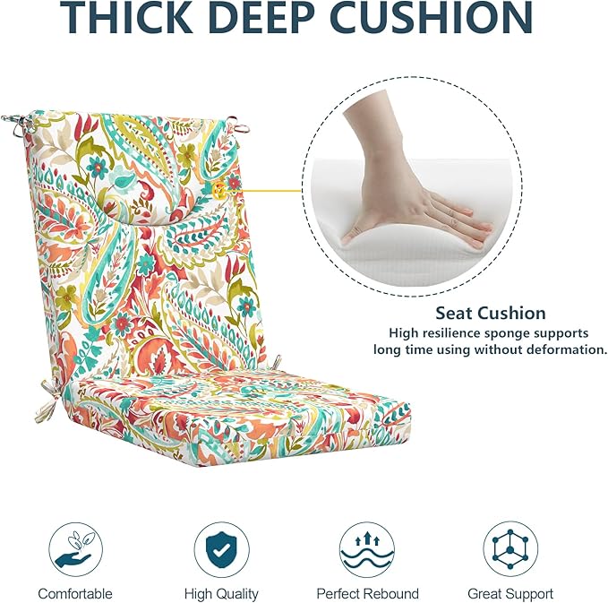 DYTXIII Outdoor High Back Chair Cushions Set of 2, 44x20 in Water Repellent Patio Seat Cushions with Elastic Sponge, All Weather Cushions for Rocking, Dining Chairs, Patio Furniture - Pretty Paisley