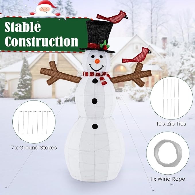 Tangkula 4.8 FT Christmas Lighted Snowman with Red Birds, Indoor Outdoor Pre-Lit Xmas Snowman with 120 LED Lights, Zip Ties & Ground Stakes, Snowman Holiday Decoration for Front Porch, Yard, Garden
