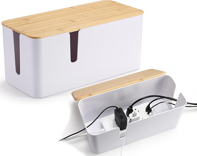 ZhiYo 2 Pack Cable Management Box, Large & XL, Power Strip Organizer, White | Extra-Tall Design for Oversized Adapters, Fits Power Strips Up to 13.4" Long, Natural Bamboo Lid, Ideal for Desks, TV Areas