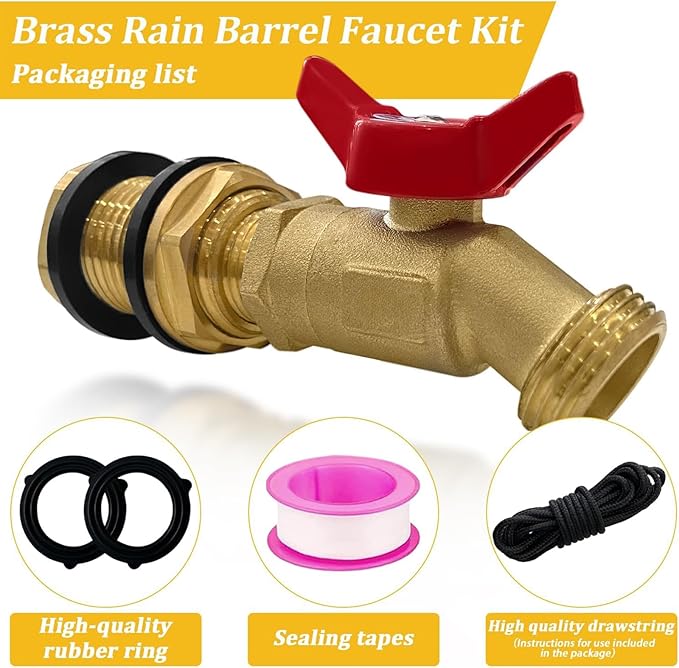 Brass Water Container Rain Barrel Faucets Spigot Kit 3/4" GHT Brass Rain Barrel Quarter Turn Ball Valve Spigot with Bulkhead Fitting Suitable for Garden Hose Thread Connection