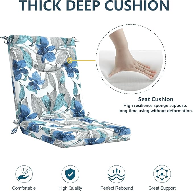 DYTXIII Outdoor High Back Chair Cushions Set of 2, 44x20 in Water Repellent Patio Seat Cushions with Elastic Sponge, All Weather Cushions for Rocking, Dining, Patio Furniture - Clemens Noir Blue