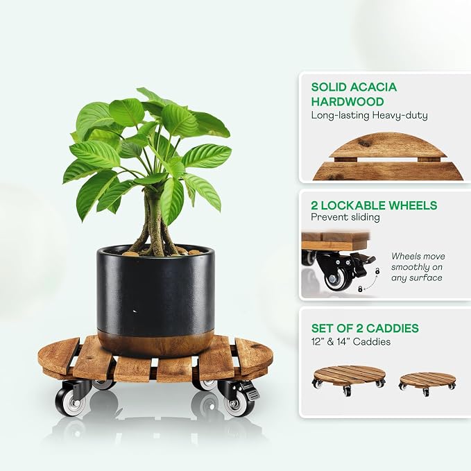 Combo 12 Inch and 14 Inch Acacia Wood Rolling Round Planter Caddies for Plant Pots, Heavy Duty Plant Stand with 360° Lockable Wheels, 264 lbs Capacity Caddy for Indoor and Outdoor Use, Golden Teak
