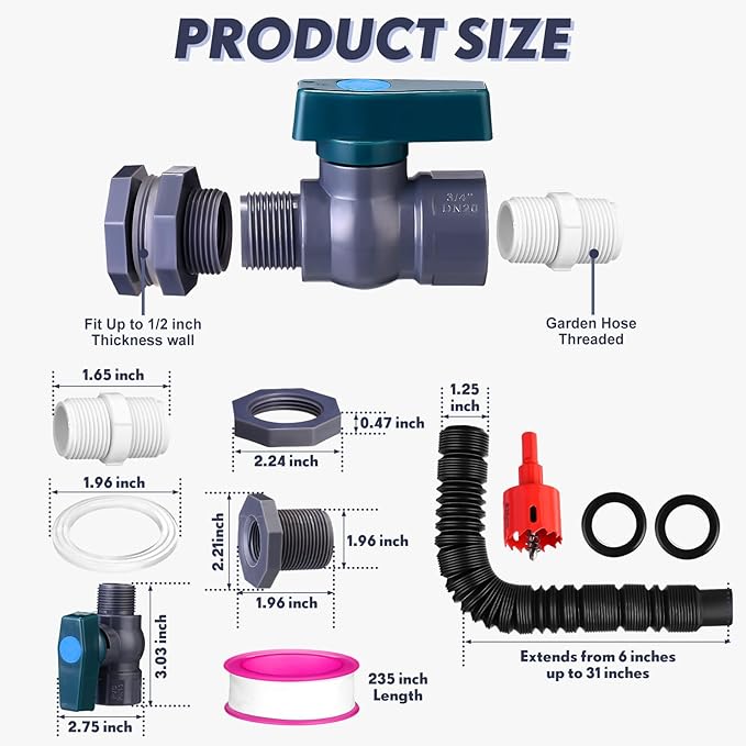 2 Sets 3/4 Inches Rain Barrel Spigot Kit Water Barrel PVC Garden Diverter Kit Include Bulkhead Fitting Hose Faucet Adapter and Thread Seal Tape for Home Outdoor(Classic Style)