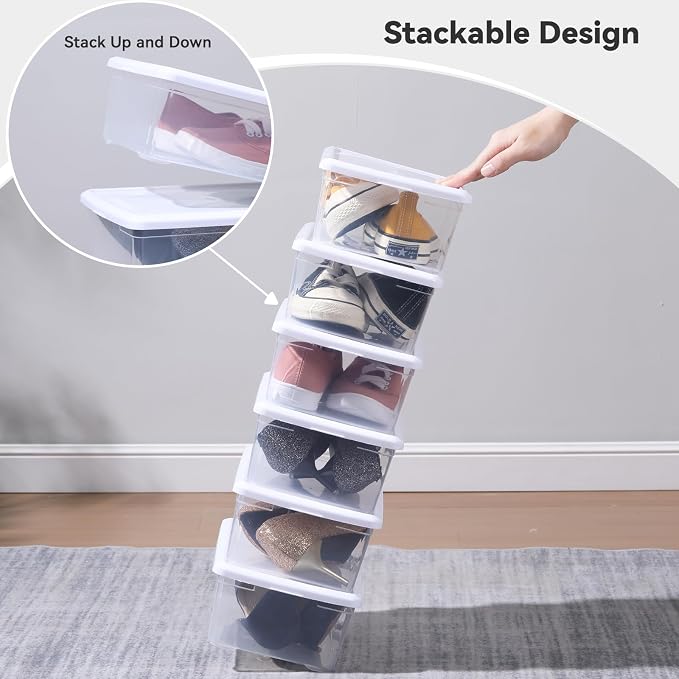 novelinks 8 Pack 6 Quart Clear Plastic Shoe Storage Bins with Lids (White)