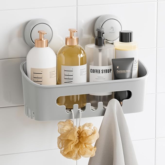 TAILI Shower Caddy Suction Cup, Bathroom Organizer Shelf Grey | Heavy Duty, Removable Inside Shower, Shampoo, Waterproof Plastic Storage, Rustproof Accessories