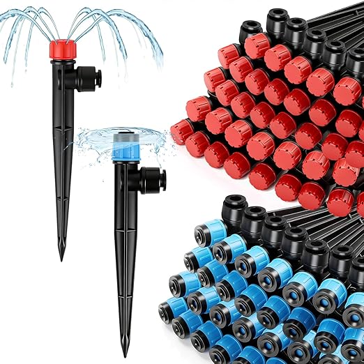 RedChili 40 Pieces Push to Fit Drip Emitters for 1/4" Drip Irrigation Tubing, 20 Pcs Vortex Emitters and 20 Pcs Stream Emitters Adjustable 360 Degree Full Circle Drip Emitters with Stake