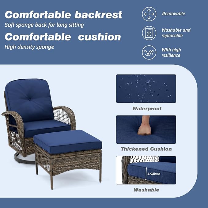MELLCOM 5 Pieces Patio Furniture Set, Outdoor Swivel Rocker Patio Chairs with Ottomans, Wicker Conversation Set with Rocking Chairs and Glass Coffee Table for Backyard, Navy Blue