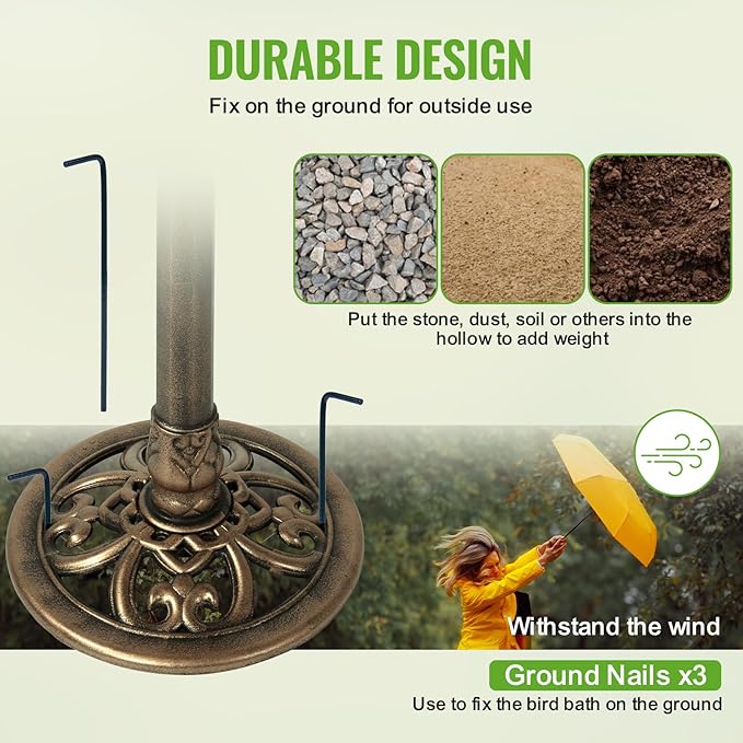 Backyard Expressions Outdoor Garden Bird Bath - Bronze - Weather Resistant Resin with Ground Stakes - 27 Inch