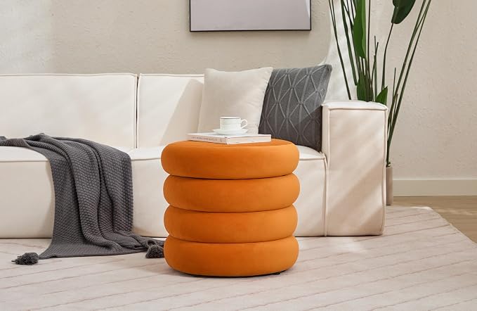 Flouki 19.5" Storage Ottoman Round, Vanity Stools for Bedroom, Entryway Ottoman for Console Table, Ottoman Stool for Girls Women, Foot Stool for Living Room, Set of 2, Velvet Orange