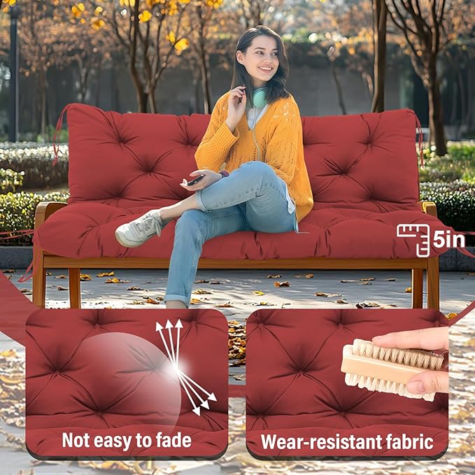 Premium 5" Thick Waterproof Outdoor Swing Cushions Sturdy Durable 2-3 Seat Replacement Porch Swing Cushions with Backrest&Ties Bench Cushion for Outdoor Furniture Backyard Patio(Wine Red)