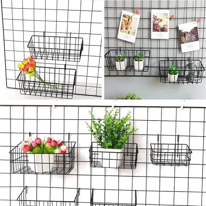 10 PCS Wire Baskets Wall Grid Panel Hanging Wire Basket Hanging Wall Baskets No Drilling Wall Hanging Baskets Grid Wall Storage Basket for Kitchen Bathroom Home Decor Supplies, Black