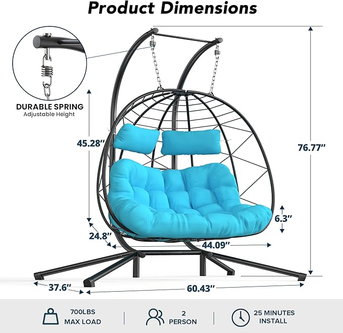Easyego 2-Person Wicker Hanging Egg Chair with Stand- 700 lb Capacity, Indoor/Outdoor Double Egg Swing Hammock Chair for Patio, Garden, Porch, Living Room, Bedroom-Blue