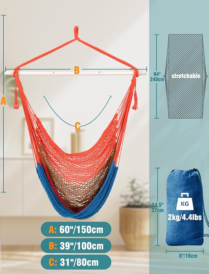 Chihee Handwoven Cotton Hammock Chair Large Hanging Rope Chair 7.9ft with Detachable Strong Metal Spreader Bar, Breathable Net Swing Seat Color Blocking, Portable with Carry Bag, Indoor Outdoor Use