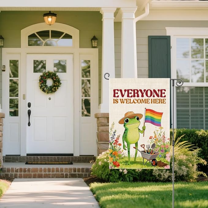 Everyone is Welcome Here Garden Flag, Inclusion Kindness Diversity Equality Yard Banner, Funny Frog Flag, LGBTQ Pride Month Banner, Welcome Home Classroom Community Lawn Liberal Outdoor Decor