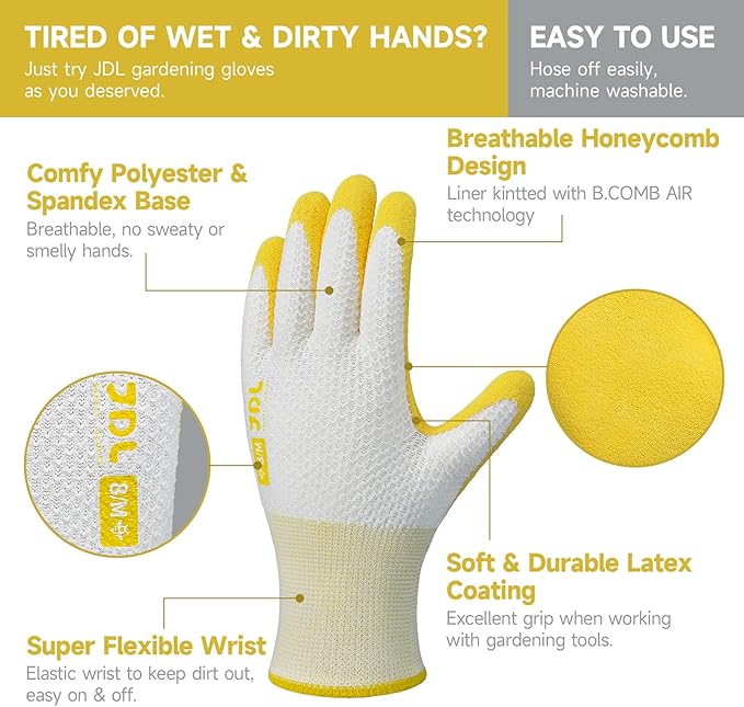JDL Gardening Gloves for Women, 2 Pairs Breathable Latex Coated Yard Garden Gloves, Rubber Outdoor Protective Work Gloves with Grip, Yellow, Medium Size