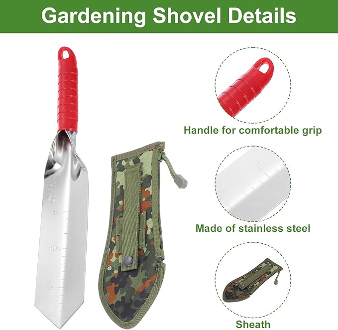 HARFINGTON Garden Hand Shovel 15.2 x 2.7 Stainless Steel Trowel Garden Tool with Sheath for Digging Planting Transplanting, Red & Green