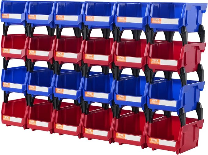 VEVOR Plastic Storage Bins 24 Pack (5 x 4 x 3-Inch), Hanging Stackable Storage Organizer Bins, Heavy Duty Stacking Containers for Closet, Garage, Office, or Small Parts Organization