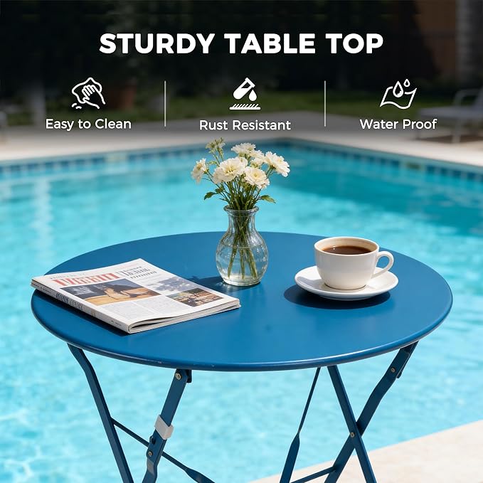 Grand patio 3-Piece Folding Bistro Set, 2 Chairs and 1 Table, Weather-Resistant Outdoor/Indoor Conversation Set for Patio, Yard, Garden -Peacock Blue
