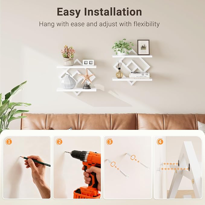 ELYKEN Floating Shelves for Wall, Set of 2 Hanging Shelves, White