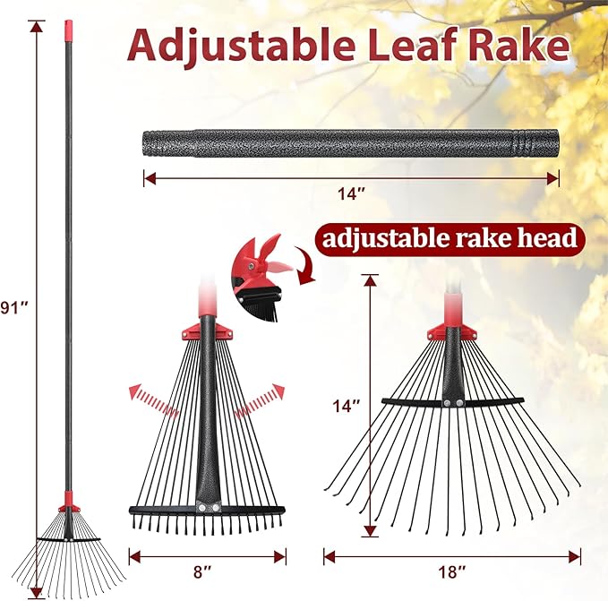 91Inch Adjustable Metal Leaf Rake, 18 Metal Tines Heavy Duty Leaves Rake for Lawns with 8-18" Expandable Head Long Handle Garden Rakes for Women Kids Leaves Yard Gardening Grass Outdoor Camping Debris