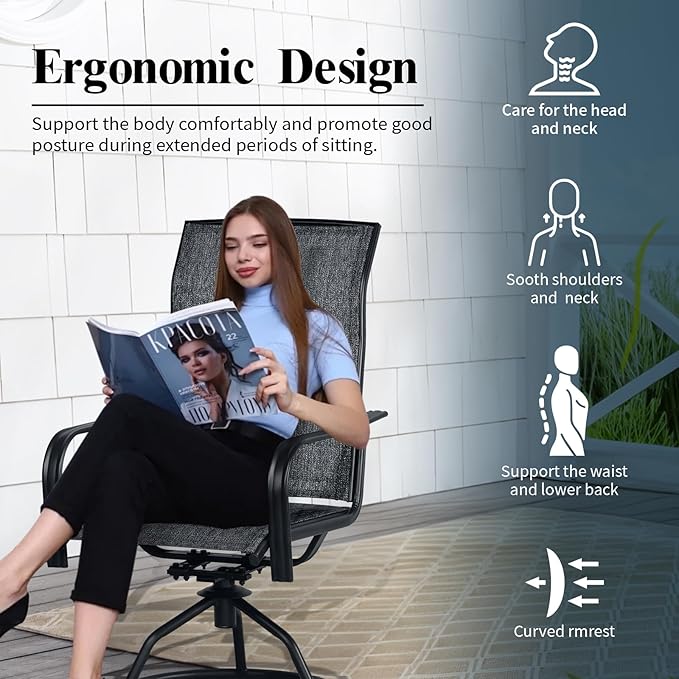 SHGJ&SOFT Patio Swivel Chairs, Waterproof Outdoor Dining Chairs with All-Weather Textilene Mesh for Deck, Garden, and Backyard (Plain Backrest-Grey, Set of 2)