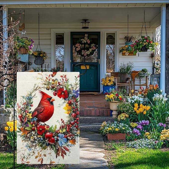 Spring Summer Cardinal Bird Garden Flag 12x18 Inch Double Sided, Floral Welcome Yard Decor, Farmhouse Outdoor Flag