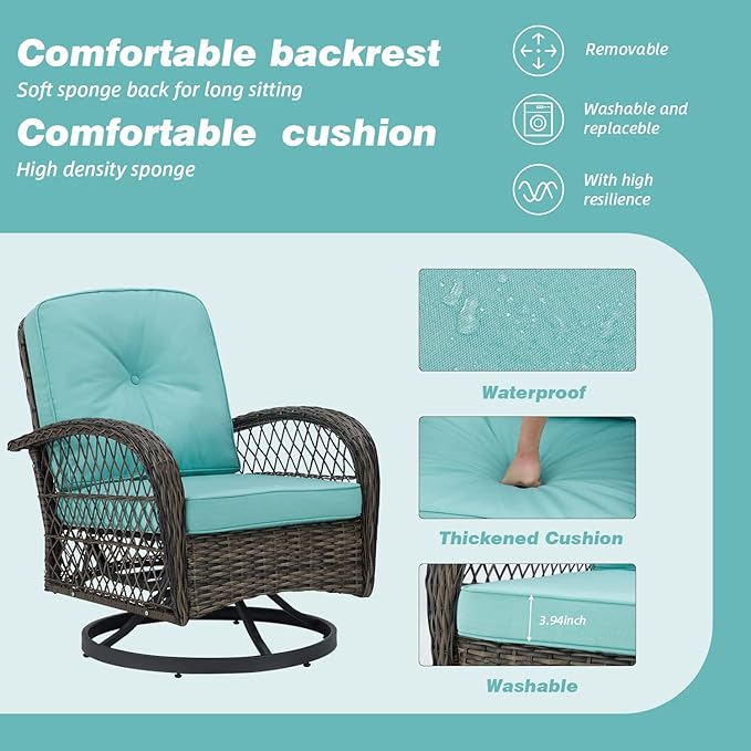 MELLCOM 3 Pieces Patio Furniture Set, Outdoor Swivel Rocker Patio Chairs, Wicker Patio Bistro Set with Rocking Chair, Thickened Cushions and Glass Coffee Table for Backyard, Garden, Blue