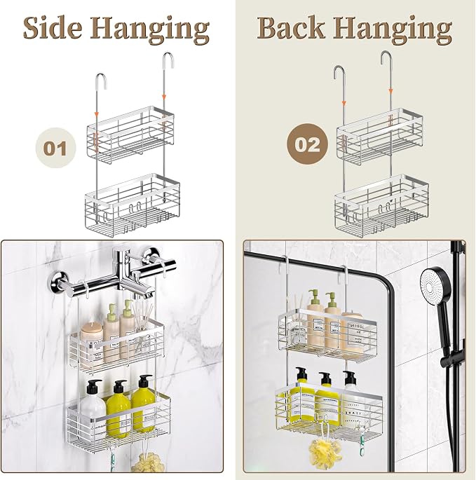DELLAN Hanging Shower Caddy, 2-Tier Shower Rack with Hooks Over the Door