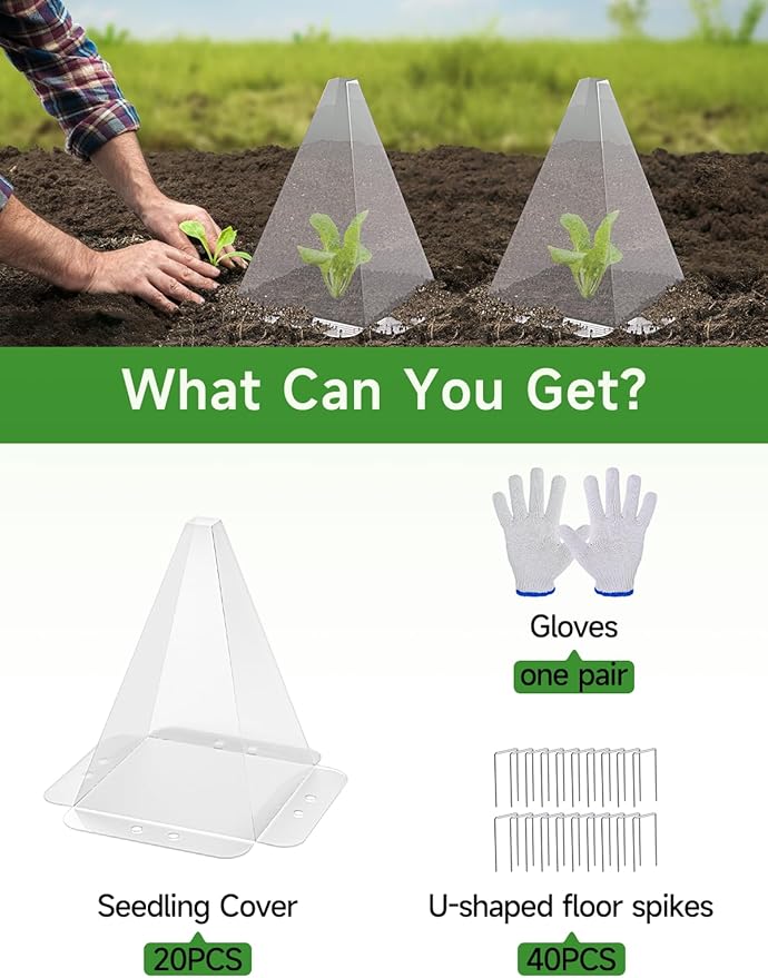 40 Pack Garden Cloches for Plants - Clear Reusable Plastic Seedling Covers with 80 Metal Stakes - Mini Greenhouse Plant Bell Covers for Frost, Sun, Pests Protection(7.8" x 11")