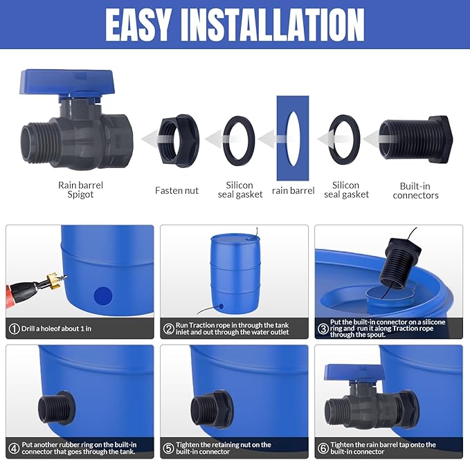 PVC Rain Barrel Spigot Kit 2 Pack 3/4" GHT Bulkhead Fitting with PVC Ball Valve Leak-Proof Tank Faucet for Rain Barrel, Water Tank & Container Drain