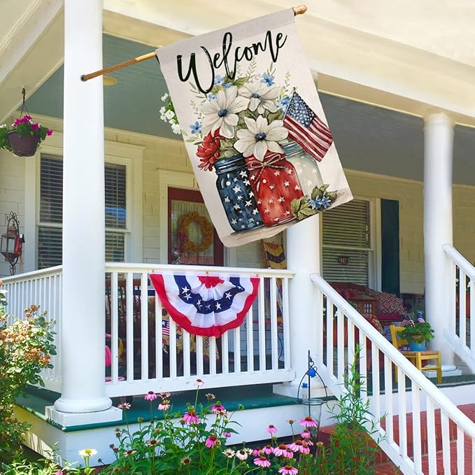 4th of July Floral House Flag 28 x 40 Vertical Double Sided Patriotic Mason Jar Flowers Red Blue Memorial Day Independence Day Holiday Outside Decorations Burlap Yard Flag BW321-40
