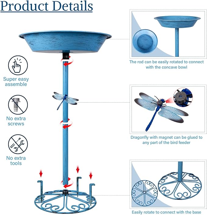 WANGIRO Stand Bird Baths for Outdoors 12 Inch Outdoor Garden Bird Feeder Metal Birdbath with Magnetic Dragonfly for Backyard Birding Freestanding for Garden Yard and Lawn Decoration-Blue
