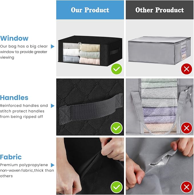 HomeHacks 3-Pack Clothes Organizer Storage Bags, 35L Storage Bins, Black