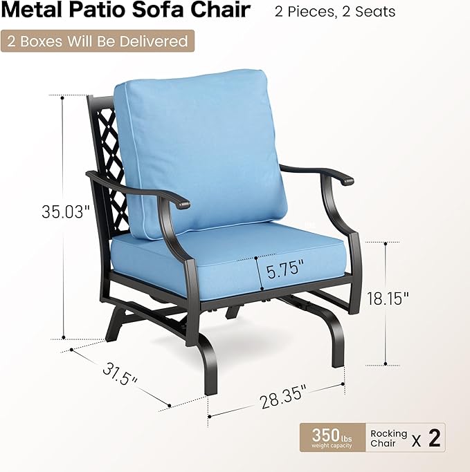 SUNSHINE VALLEY Metal Outdoor Rocker Patio Chairs Set of 2 with 5.75" Extra Thick Cushion, 2 Piece High Back Rocker Patio Chairs All Weather Outdoor Furniture Seating for Deck Balcony Porch, Blue