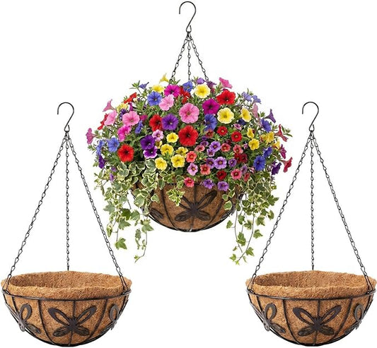 3 Pack Hanging Baskets for Plants Outdoor 14 Inch Butterfly Metal Hanging Planters with Coco Coir Liner, Round Hanging Flower Basket for Home Garden Patio Balcony Porch
