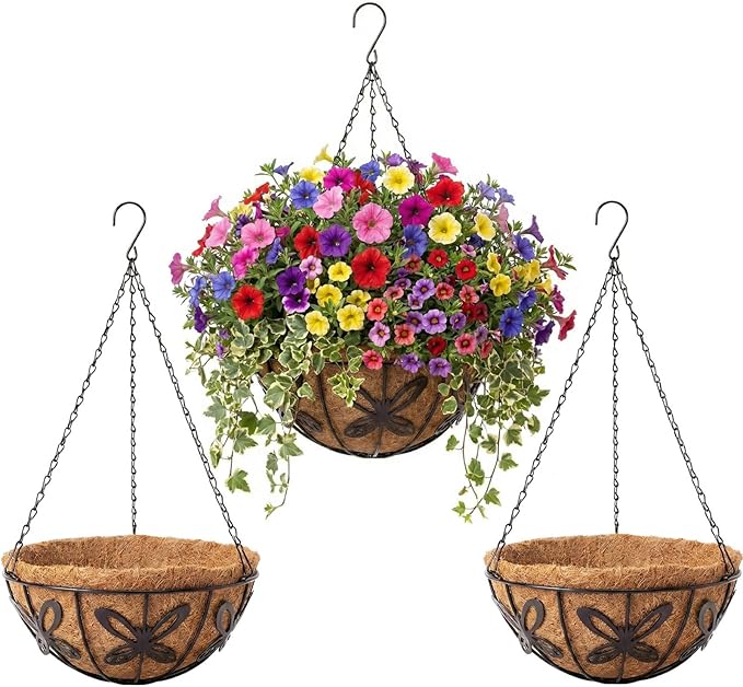 3 Pack Hanging Baskets for Plants Outdoor 10 Inch Butterfly Metal Hanging Planters with Coco Coir Liner, Round Hanging Flower Basket for Home Garden Patio Balcony Porch