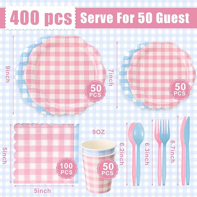 Funnymoom 400 Pcs Gingham Party Supplies for 50 Guests Pink and Blue Paper Plates and Napkins Set Knives Spoons Forks Cups Disposable Dinner Party Cutlery for Gender Reveal Baby Shower Birthday