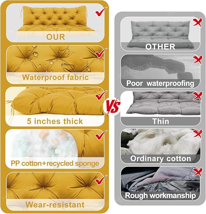 Premium 5" Thick Waterproof Outdoor Swing Cushions Sturdy Durable 2 Seat Replacement Porch Swing Cushions with Backrest&Ties Bench Cushion for Outdoor Furniture Backyard Patio (Yellow)