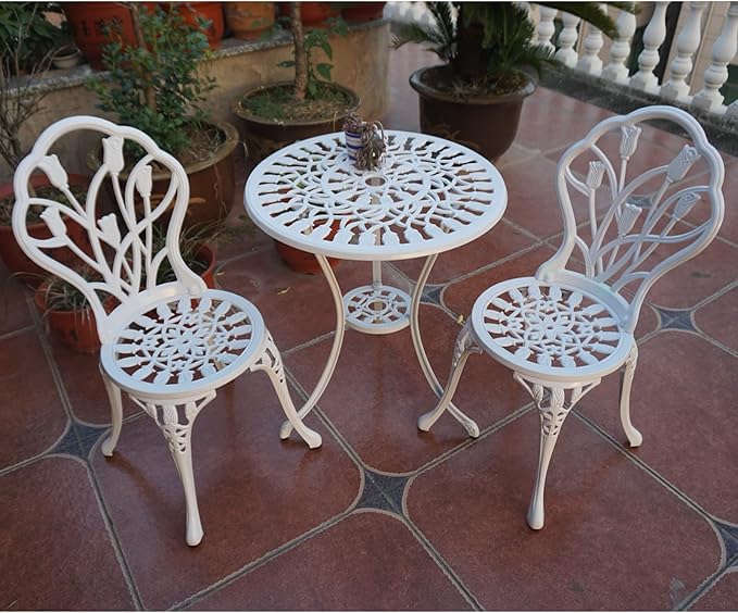 KAILI Patio Bistro Sets 3 Piece cast Aluminum Patio Furniture Outdoor Garden Metal Rust Proof Tables and Chairs White bisrto Set (Tulips-White)