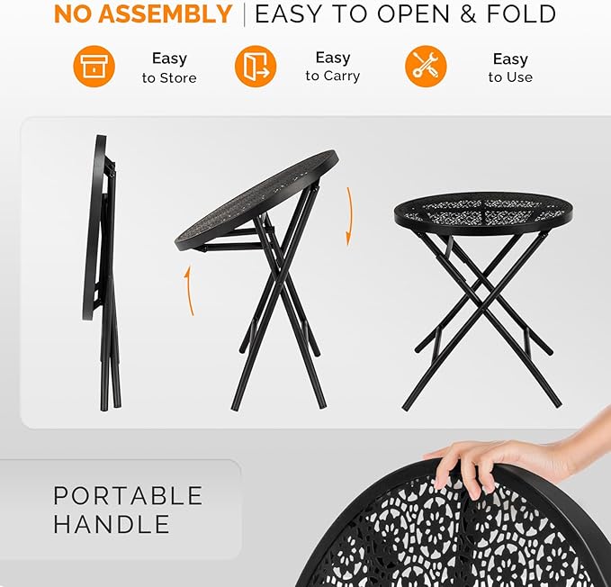 VINGLI Outdoor Folding Side Table with Chic Hollow Pattern and Durable, Rust-Resistant Coated Iron Patio Bistro Table Suitable for Indoor & Outdoor Porch, Deck, Balcony and Pool,Black