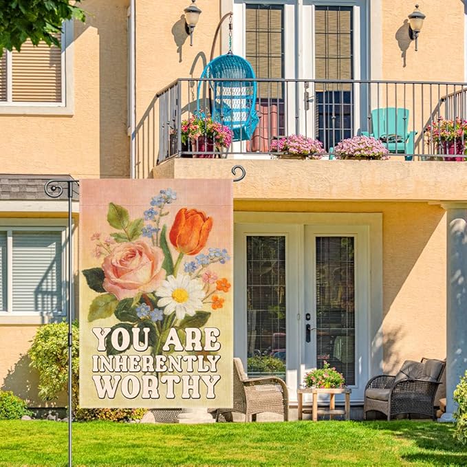 You Are Inherently Worthy Garden Flags for Outside, Positive Spring Garden Flag, Floral Welcome Garden Flag, Self-Worth Affirmations Yard Flag, Inspirational Quote Yard Décor for Family