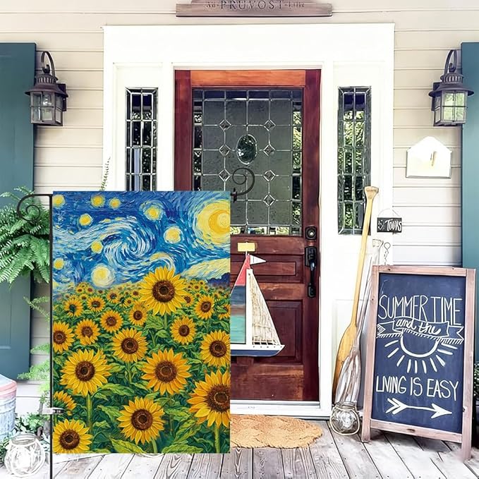 Baccessor Spring Summer Sunflowers Garden Flag 12.5x18 Inch Double Sided Burlap,Starry Night Flower Flag Yard Lawn Seasonal Farmhouse Outside Outdoor Decoration