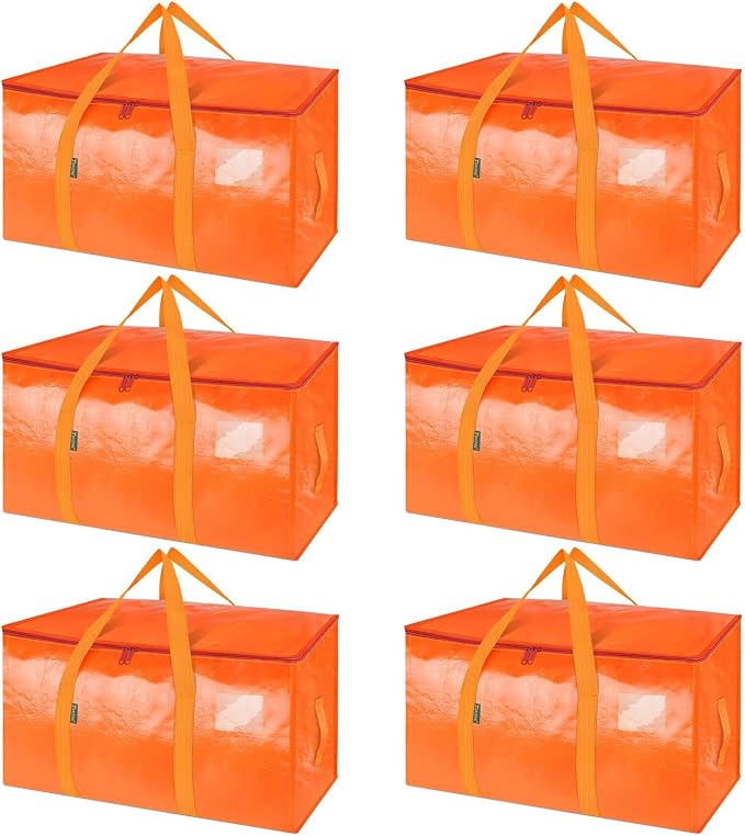 BALEINE 6-Pack Oversized Moving Bags with Reinforced Handles, Heavy-Duty Storage Tote for Clothes, Moving Supplies (Orange, 6-Pack)