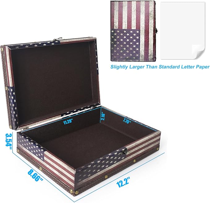 DreamsEden Wooden American Flag Storage Box,Memory Keepsake Box with Latch | 12.2’’L x 8.6’’W Large Decorative Chest, Vintage Patriotic Home Shelf Decor, Organizer for Keepsakes Memories Letters Photos