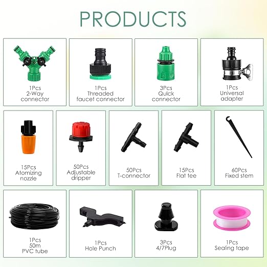 Garden Drip Irrigation System,Drip Irrigation Kit with 165FT/50M Drip Irrigation Hose DIY Saving Water Garden Watering System for Garden Greenhouse, Flower Bed, Patio,Lawn
