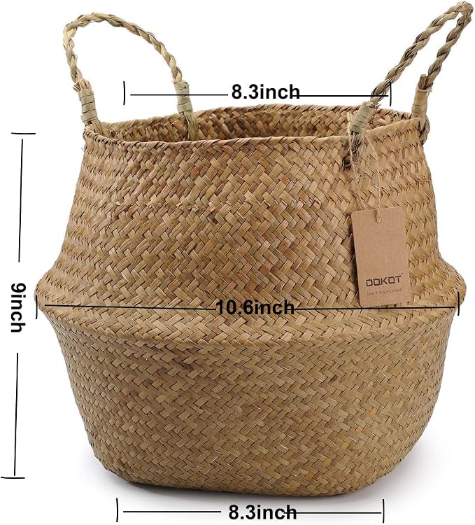 DOKOT Seagrass Plant Basket with Handles, Wicker Woven Storage Basket (8.3inch Diameter x 9inch Height), Natural