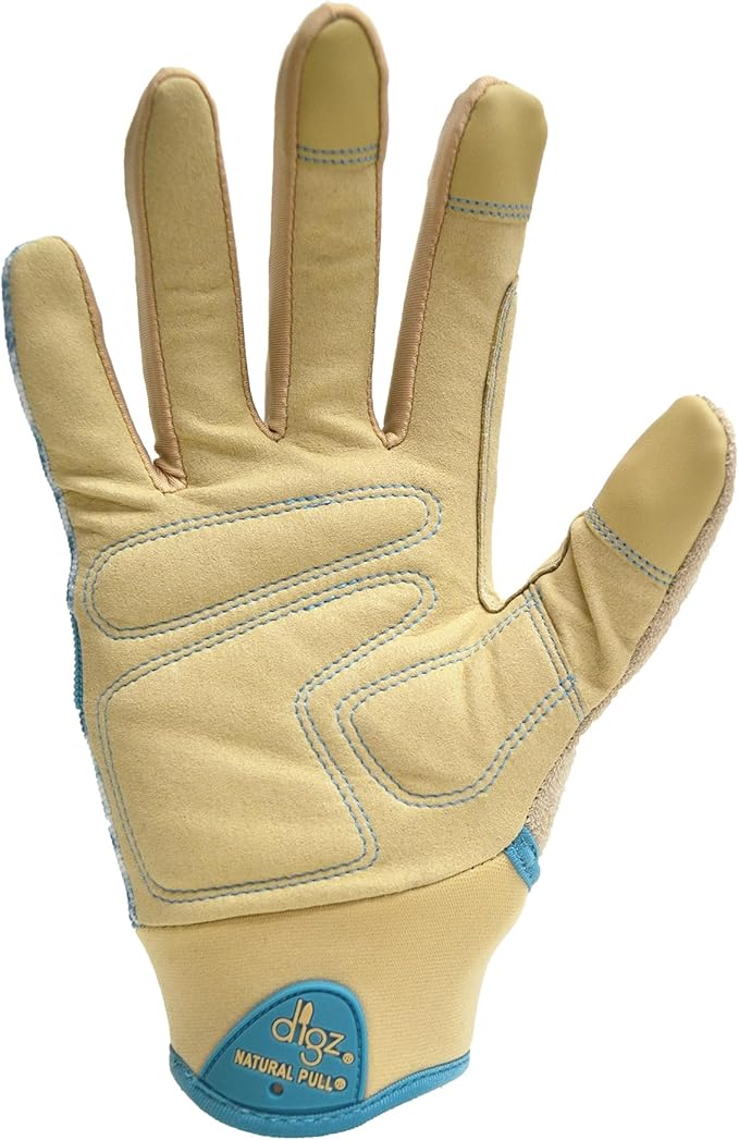 DIGZ 7606-23 High Performance Women's Gardening Gloves, Work Gloves with Touchscreen Compatible Fingertips, Blue Leaves Pattern, Medium