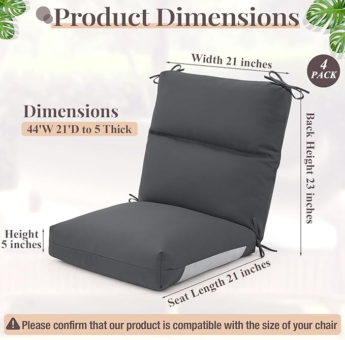 Geelin 4 Pack Outdoor/Indoor High-Back Chair Cushions 44×21 in, Stuffed Tufted Replacement Patio Chair Cushions with Ties Weather Resistant Pads for Patio Furniture (Dark Gray)